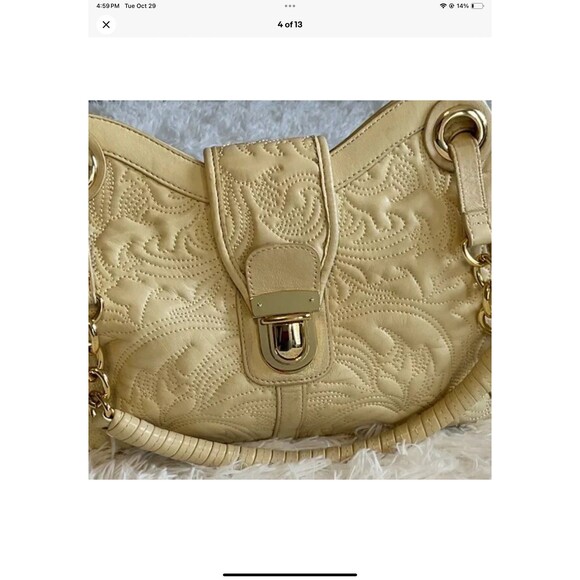 BCBG Max Azria Cream/Yellow Tooled Leather Double Handled Shoulder Purse/Bag - Picture 4 of 12